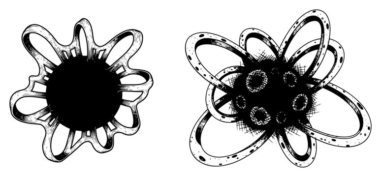 Atom nucleus with electron orbits or planetary system, abstract scientific hand drawn sketch