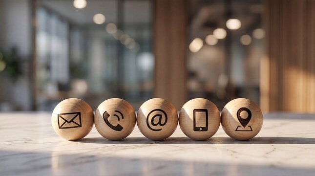 Contact Us Icons: A row of wooden spheres displaying icons for email, phone, at symbol, mobile phone, and location pin, representing various methods of contact.
