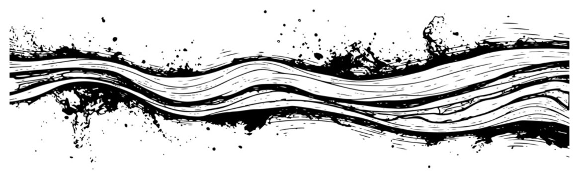 Splashing liquid stream and wavy water flow horizontal border, hand drawn ink splatter sketch
