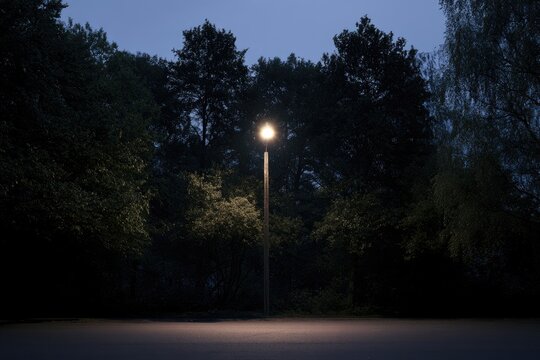 Lone light illuminates a dark park, casting an ethereal glow on trees