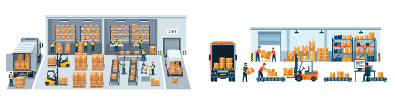 Warehouse logistics and supply chain management with cargo trucks, forklifts, and stacked boxes