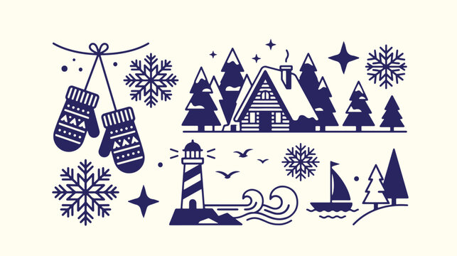 Winter landscape scene with cozy cabin snow covered trees mittens snowflakes and lighthouse.