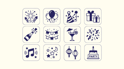 Fototapeta premium Set of party and celebration icons with fireworks, balloons, gifts and other symbols.