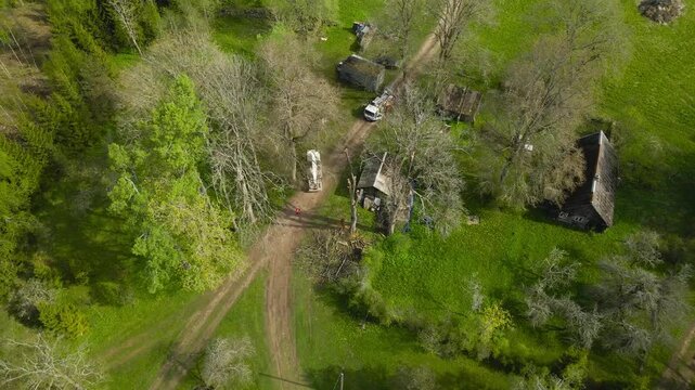 Lumberjacks using a cherry picker to cut down a large dead tree in a yard. Aerial perspective showing the tree removal process