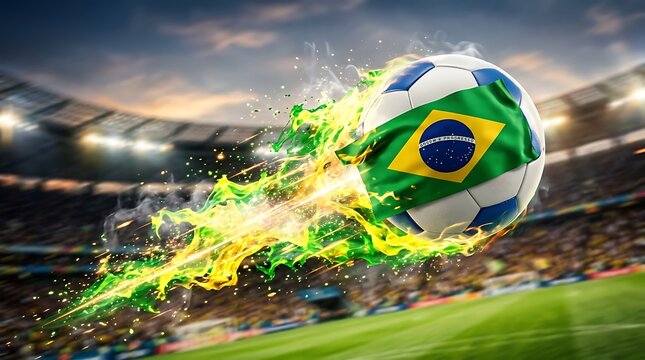 Brazilian soccer ball with dynamic energy trail in stadium setting