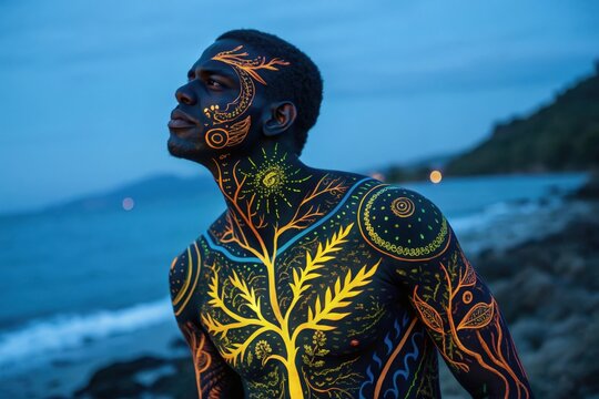 A glowing body adorned with strange, colorful tattoos, in the style of orange epoxy-propyl UV-reactive ink, inspired by installations. High quality photo