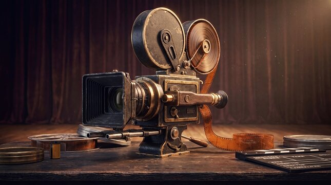 Vintage Film Camera on Table: A classic antique film camera with reels of film sits on a wooden table, set against a backdrop of velvet curtains.