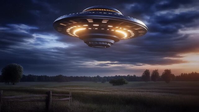UFO Flying Over Agricultural Field at Sunset, UAP (Unidentified Aerial Phenomenon), Flying Saucer Hovering Above Countryside Landscape