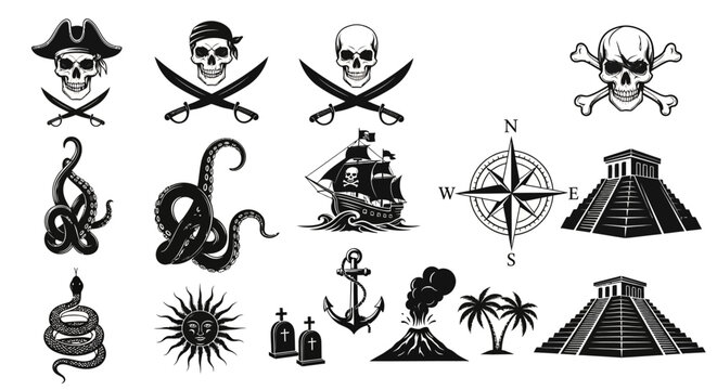 Collection of Pirate and Ancient Civilization Symbols Featuring Skulls, Ships, Pyramids, and Natural Elements