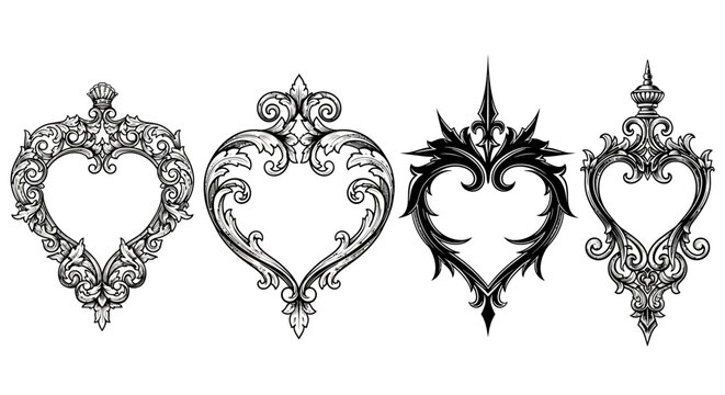 Set of four ornate heart shaped frames with vintage baroque scrollwork and filigree design elements for decorative graphic projects