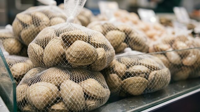 Fresh clams in mesh bags displayed in a fish market behind glass.