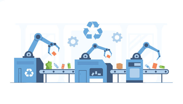 Robotic arms on conveyor belts sorting waste materials in recycling factory with large recycling logo in background for environmental sustainability.