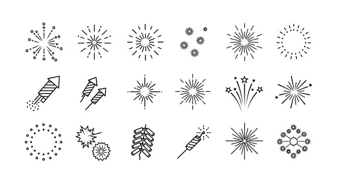 Collection of fireworks and firecrackers line icons for festive celebrations and holidays