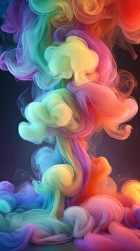 Rainbow smoke plumes rising and swirling against dark background. Tilt down camera movement.