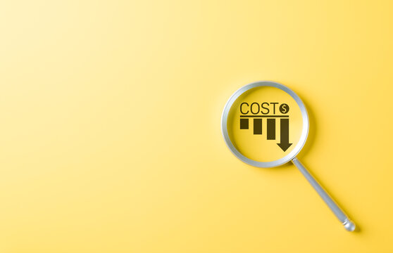 Cost reduction analysis and expense control concept. magnifying glass on yellow background, showing lower cost arrow, financial efficiency, budget savings, profit optimization, business strategy