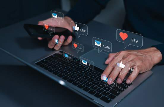 Social media engagement and digital marketing communication concept. Social media marketing, message, email notification, audience interaction, content reach, campaign online advertising target market