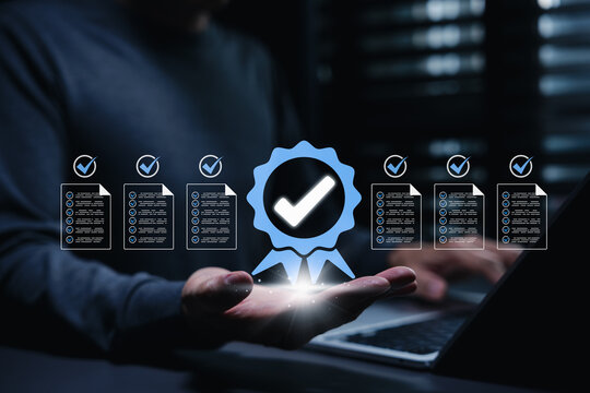 Quality approval certification and document verification concept. checkmark badge with approved files, checklist, documents, showing compliance, validation, audit, quality assurance, document review