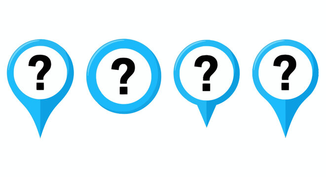 Blue map pin icons with question marks, set of four location markers for unknown destinations, navigation symbols for mystery travel and help