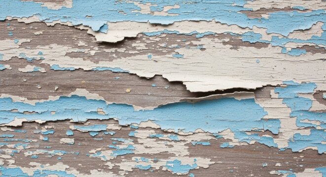 Closeup of weathered wooden surface with peeling blue and white paint layers
