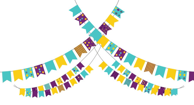 Festive party bunting flags vector, colorful hanging pennant banners for celebration, decorative carnival garland strings on white background