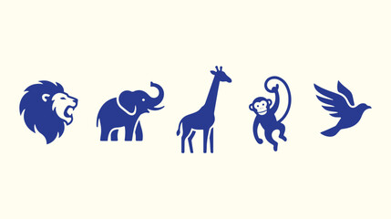 Collection of animal icons for zoo or safari theme with lion, elephant, giraffe, monkey, bird. © TREND AND VECTORS