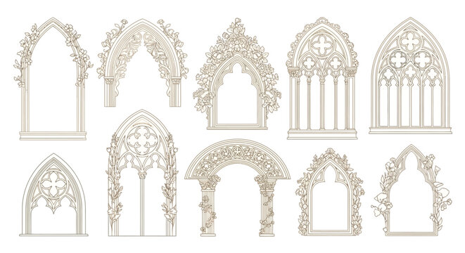 Gothic arch vector set, ornate cathedral window frames with floral stone carvings, 10 medieval architectural elements for wedding invitations and decor