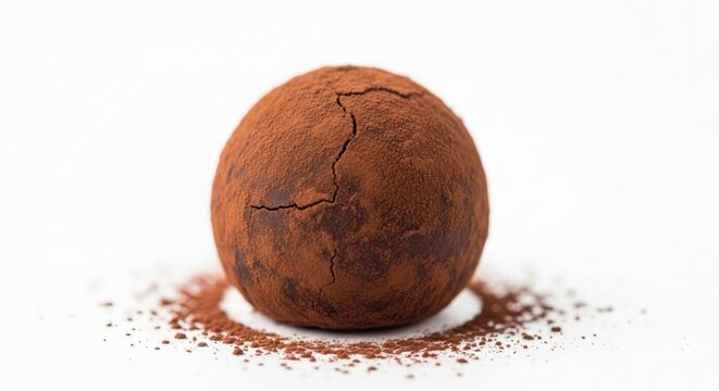 Chocolate truffle coated in cocoa powder on white background