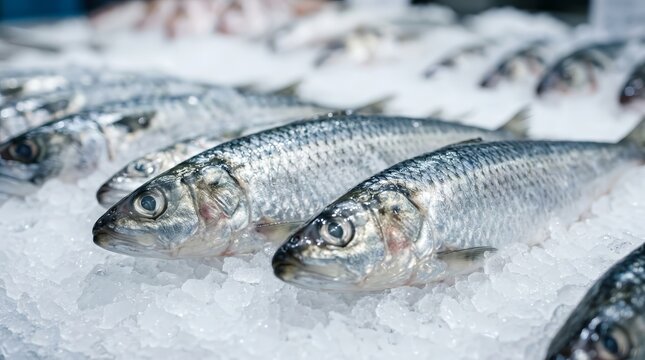 Close up view of fresh whole fish displayed on crushed ice in a seafood market.