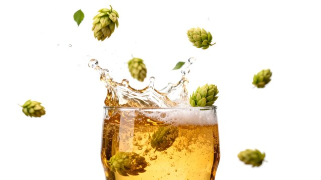 Beer splash with hops in glass