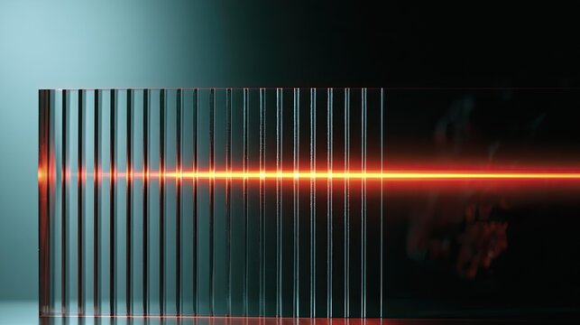 A bright orange beam cuts through a ribbed glass-like material and dissipates