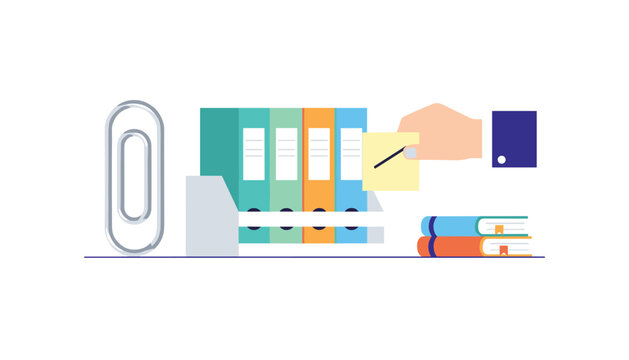 Hand applying a yellow sticky note to colorful file folders in a desk organizer helps organize office tasks and document management workflows efficiently.