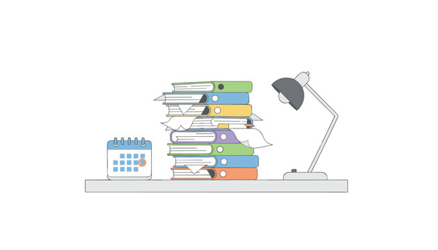 Stack of colorful ring binders and folders arranged on a desk with a calendar and lamp represents organized document storage and office productivity planning.
