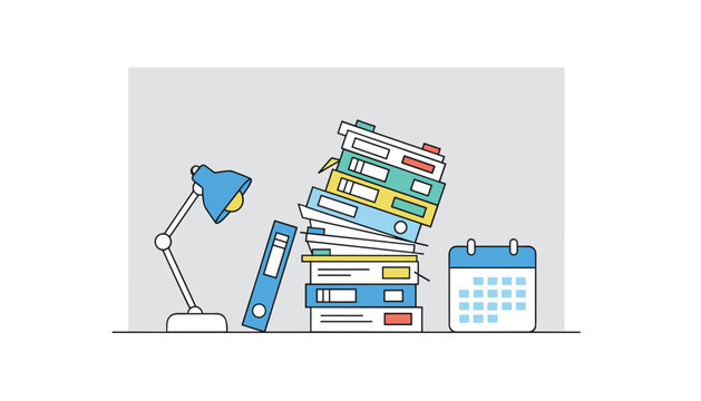 Leaning stack of office binders and folders next to a blue desk lamp and calendar suggests a busy workspace environment with pending administrative tasks.