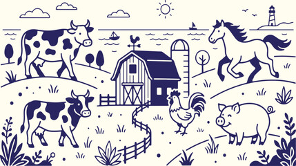 Hand drawn farm landscape with barn cow and horse in minimalist vector illustration style. © TREND AND VECTORS