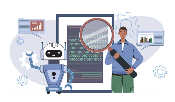 Robot and coder analyzing data. Vector illustration