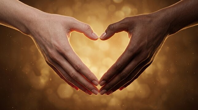 Intertwined Affection: Two hands, one light-skinned and one dark-skinned, form a glowing heart shape, symbolizing unity, love, and connection across differences.