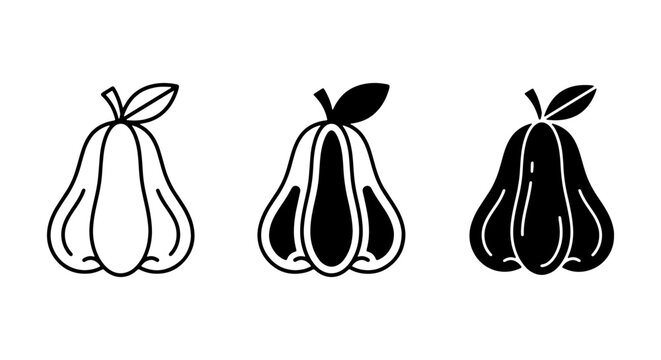 Rose Apple Icons Set, Tropical Fruit Vector Graphics, Healthy Food Illustrations, Simple Outline and Silhouette Designs