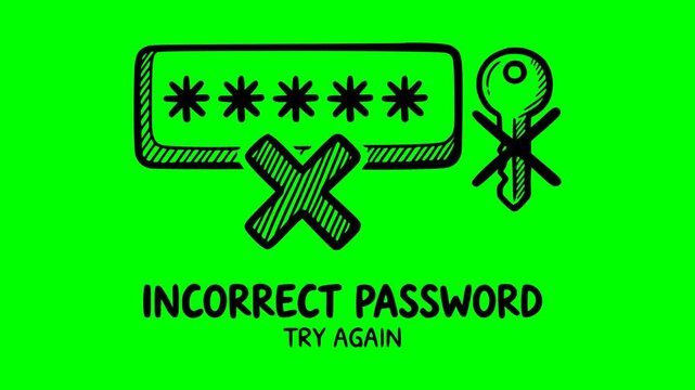 hand drawn style password incorrect concept icon animation featuring black fill graphics on a green screen chroma key background for video editing and cyber security interface layouts with access deni