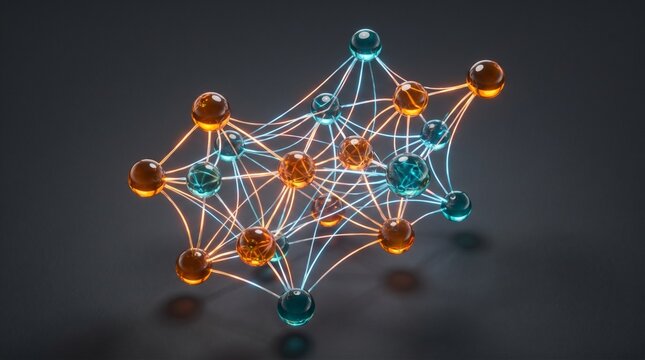 Molecular model featuring amber and turquoise translucent spheres connected by radiant fiber-optic threads floats in dark space.