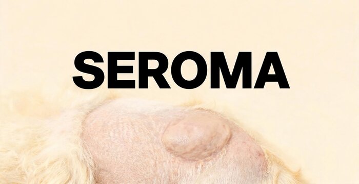 A medical illustration of a seroma, a collection of serous fluid, visible on the skin of an animal.
