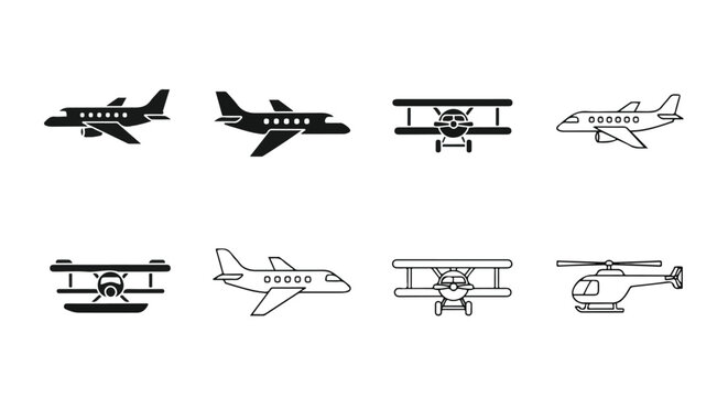 A collection of eight black and white aviation icons isolated on a white background. This versatile vector set features both solid silhouettes and line art styles of various aircraft