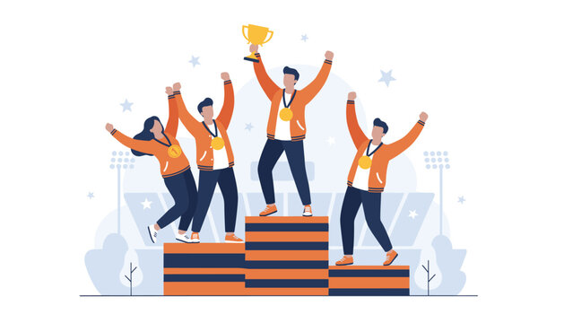 Four successful athletes standing on a winners podium holding a golden trophy and wearing medals in a stadium, celebrating a team victory and achievement.
