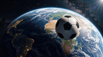 Fototapeta premium Soccer ball floating in space with planet Earth in the background. Global international football tournament, world championship concept.