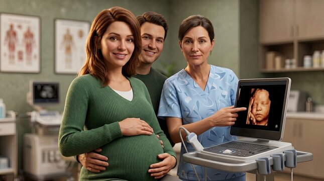 Expectant Parents View Sonogram: A happy pregnant woman and her partner smile as a medical professional shows them a 3D sonogram image of their unborn baby.