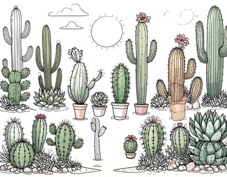 Line art illustration of various cactus types in pots and natural settings, with a sun and clouds