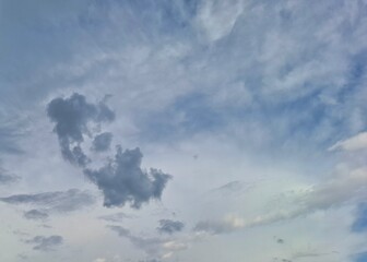 Obraz premium Moody cloudscape with wispy and textured clouds ​A dramatic sky featuring a blend of wispy, scattered clouds and a distinct, darker, dense cloud formation against a pale blue background.