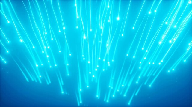 Slow motion view of glowing light streaks falling downward as beams and particles in deep blue digital space background
