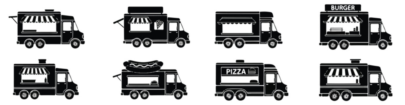 Black and White Food Truck Silhouette Vector Icon Set