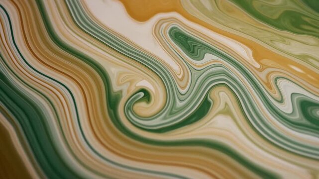 Colorful fluid marble patterns in motion: green and yellow swirls creating artistic abstract wave effect