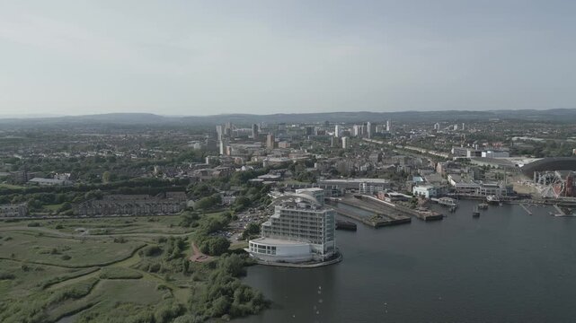 4K 30‑Second Aerial Drone Wide Shot of Cardiff Bay, Cardiff, Wales, United Kingdom - D-LOG